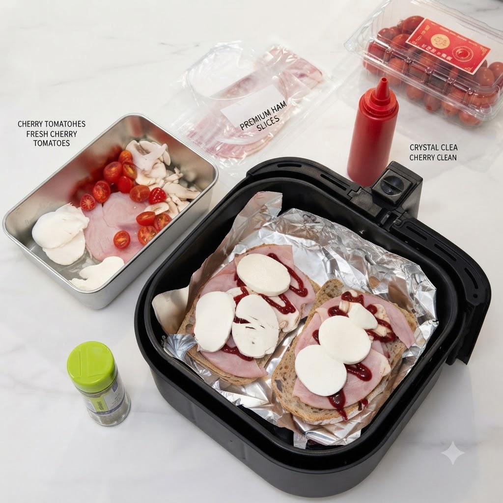 Thick slices of fresh mozzarella cheese neatly laid out on top of the ham and toppings inside the air fryer.