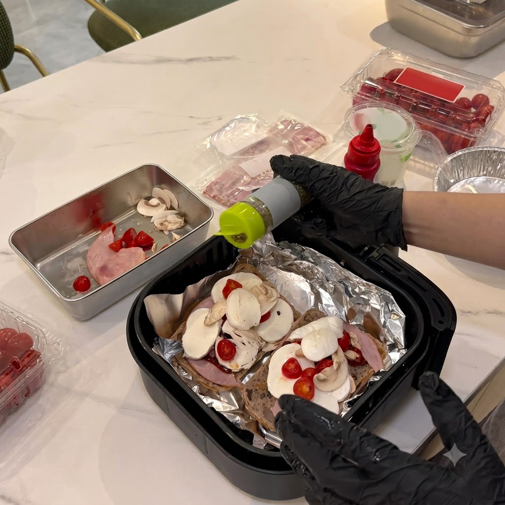 A hand wearing a black glove sprinkling dried herbs from a small green container onto the prepared sandwich pizzas inside an air fryer basket.