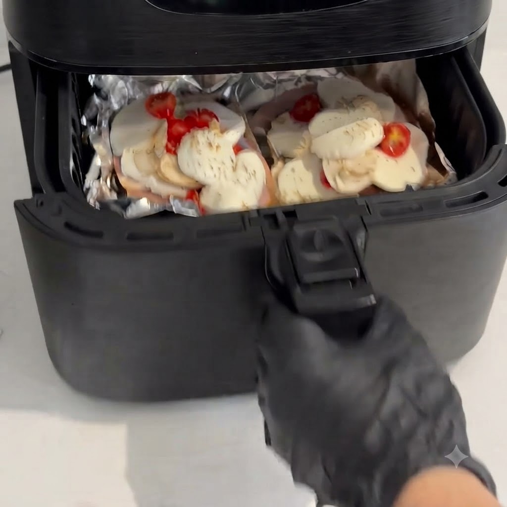 A gloved hand sliding the air fryer basket shut with the prepared pizza portions inside.