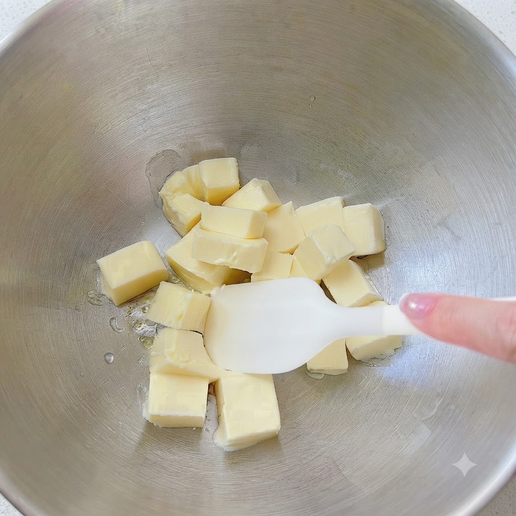 Softened butter cubes and powdered sugar being mixed in a metal bowl with a white spatula.