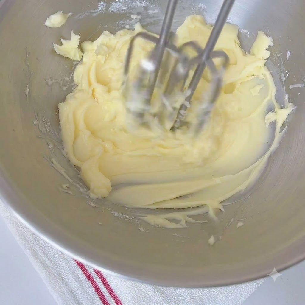 Electric hand mixer beating butter and sugar inside a stainless steel mixing bowl.