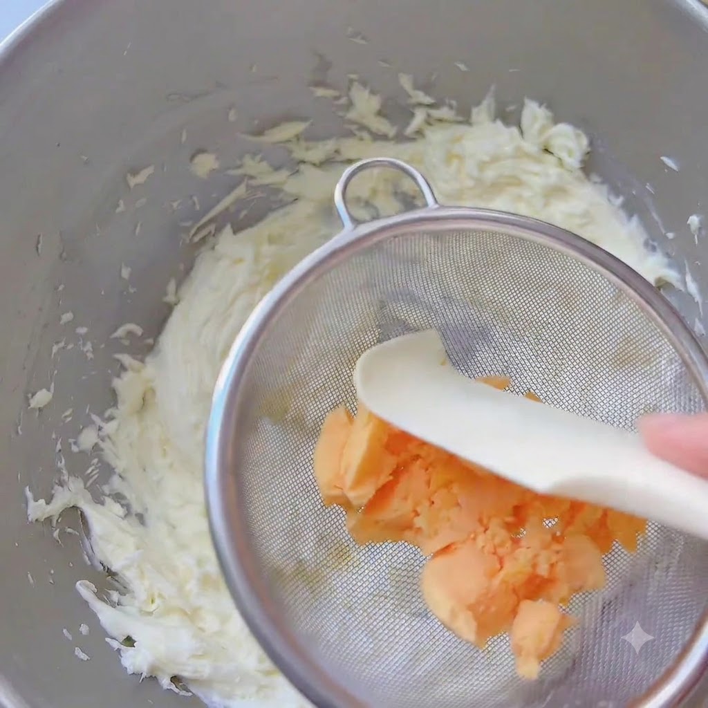 Sifted cooked egg yolks being pressed through a mesh strainer into the whipped butter mixture.