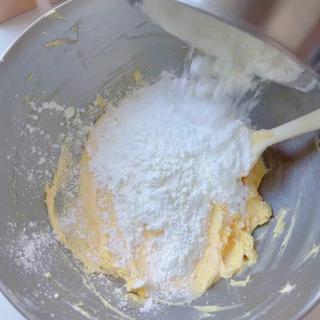 Sifted flour and cornstarch being poured into the mixing bowl over the butter base.