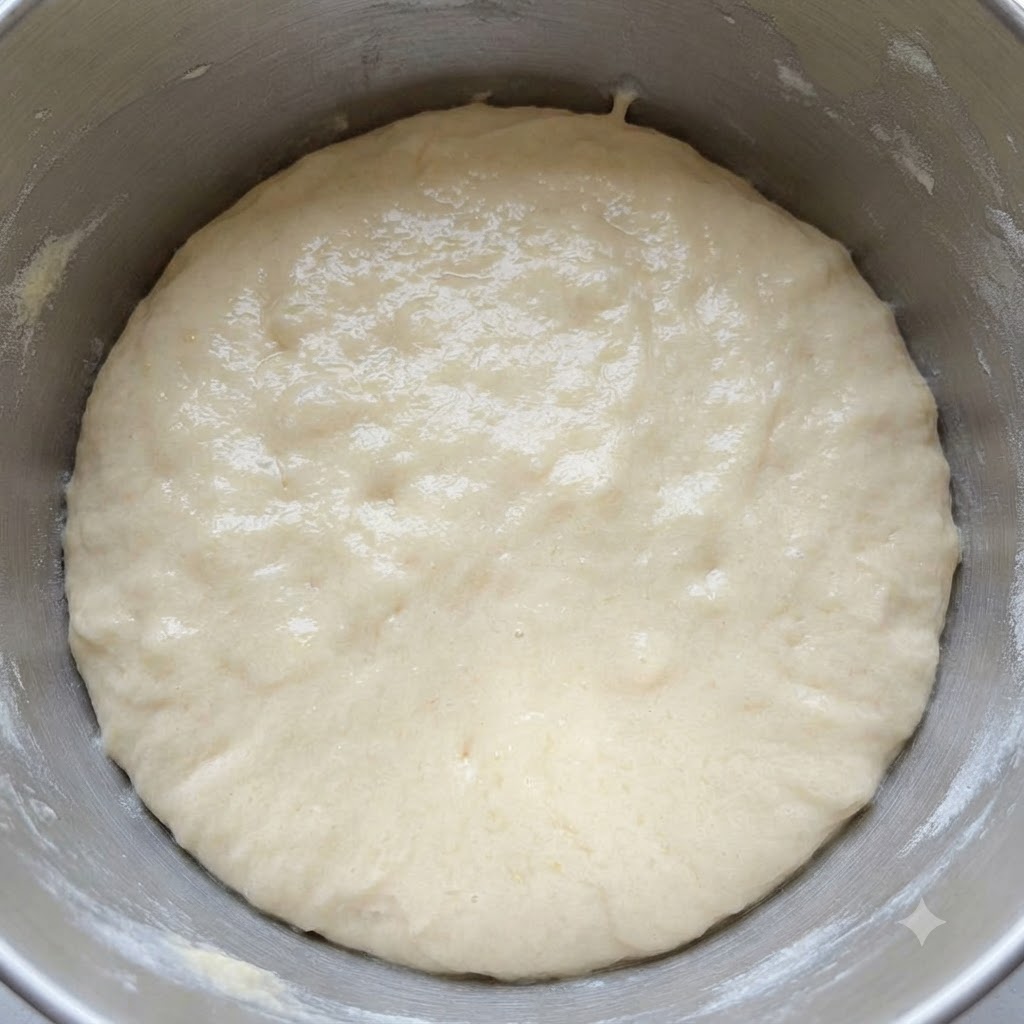Smooth, cohesive ball of cookie dough resting inside a stainless steel mixing bowl.