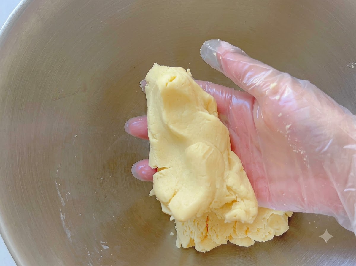 Gloved hand holding a portion of yellowish cookie dough inside a mixing bowl.