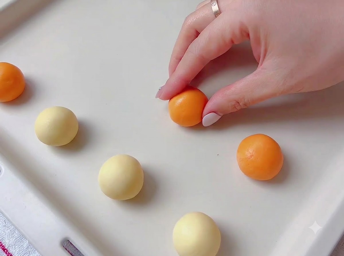 Colored cookie dough being rolled into small, even spheres on a clean surface.