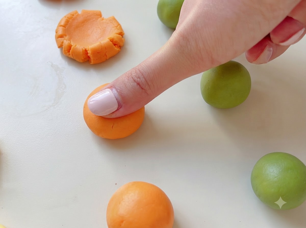 A finger gently pressing down on an orange dough ball to flatten it.