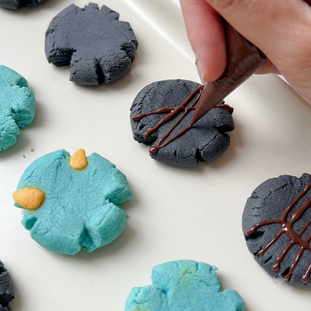 A piping bag drawing intricate chocolate lines onto dark baked cookies.