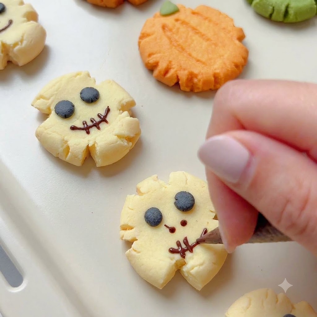 A piping bag adding spooky stitched smiles and eyes to baked cookie skulls.
