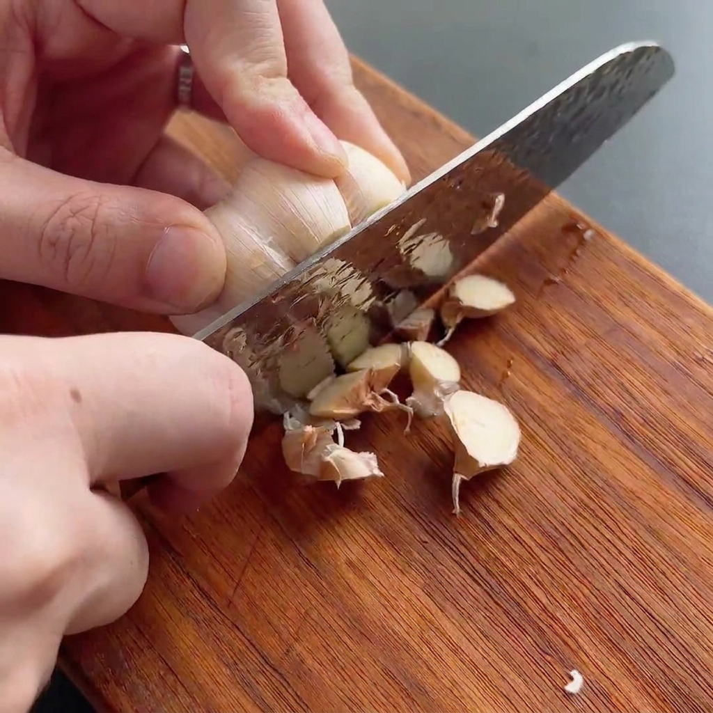 A whole garlic bulb being sliced across the top with a sharp knife on a wooden board.