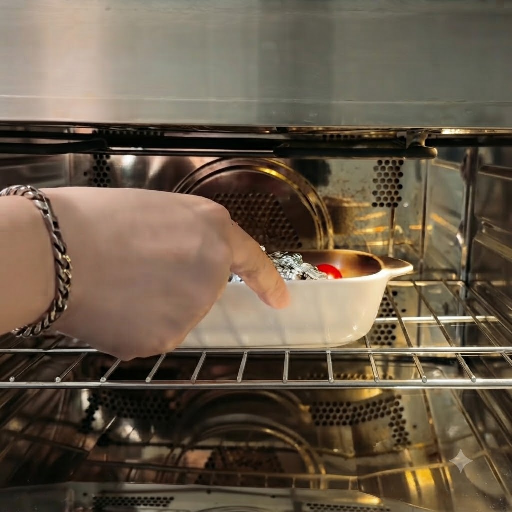 A white ceramic baking dish containing wrapped garlic and cherry tomatoes being placed onto the oven rack.