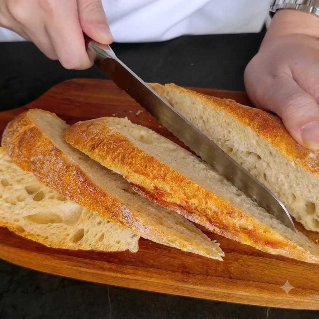 A loaf of crusty bread being sliced into multiple diagonal pieces with a bread knife on a wooden board.