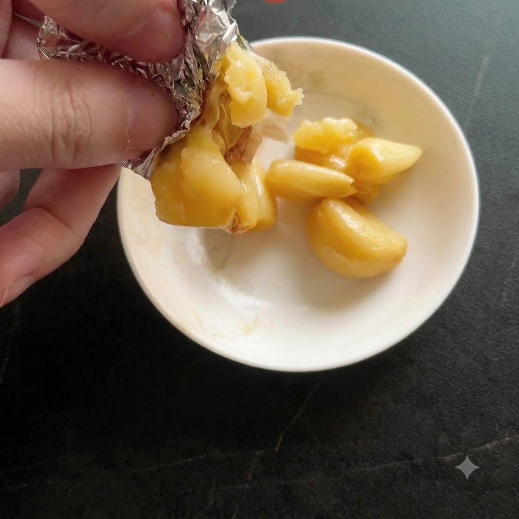 Soft roasted garlic cloves being squeezed out of their foil wrapper into a white ceramic bowl.