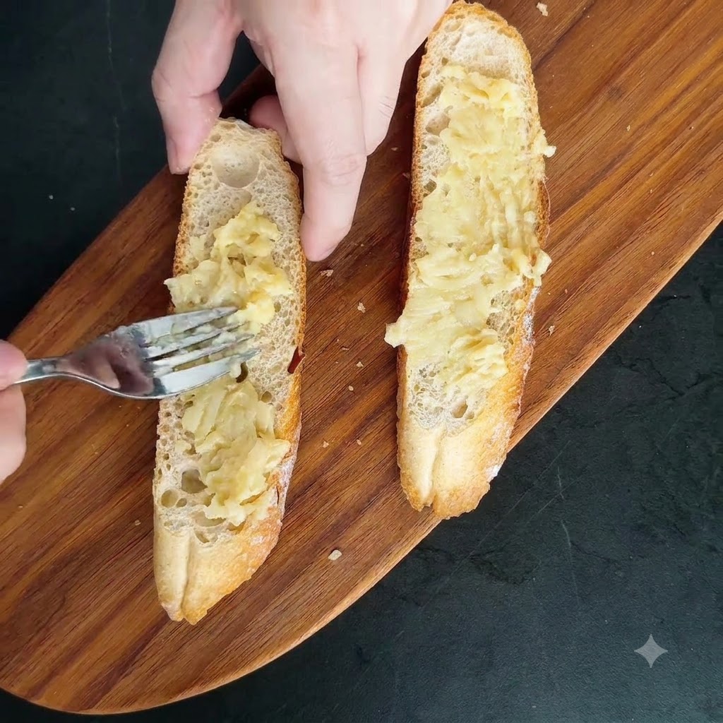 Mashed roasted garlic being spread across toasted baguette slices on a wooden cutting board using a fork.
