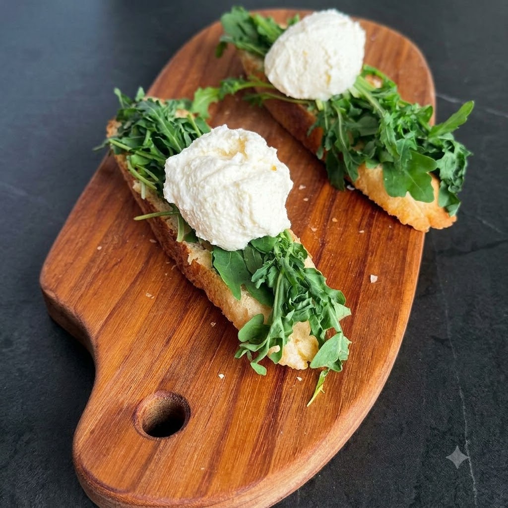 A thick dollop of creamy white yogurt cheese layered over the arugula on a baguette slice.