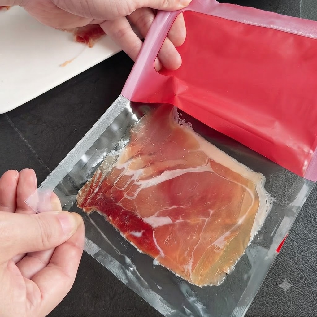 Close-up of hands opening a vacuum-sealed package of cured Spanish ham slices.