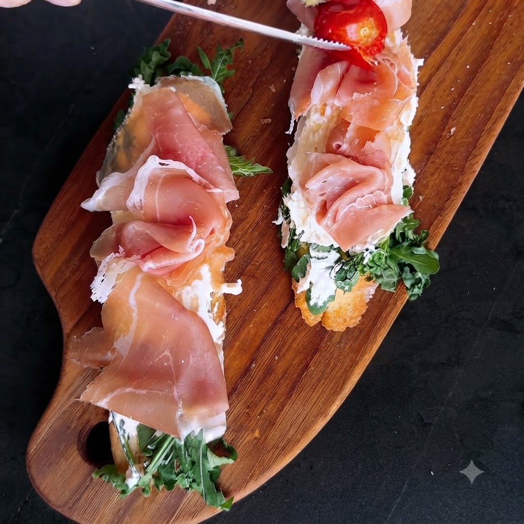 Tongs placing vibrant roasted cherry tomatoes onto the assembled ham and cheese tapas.
