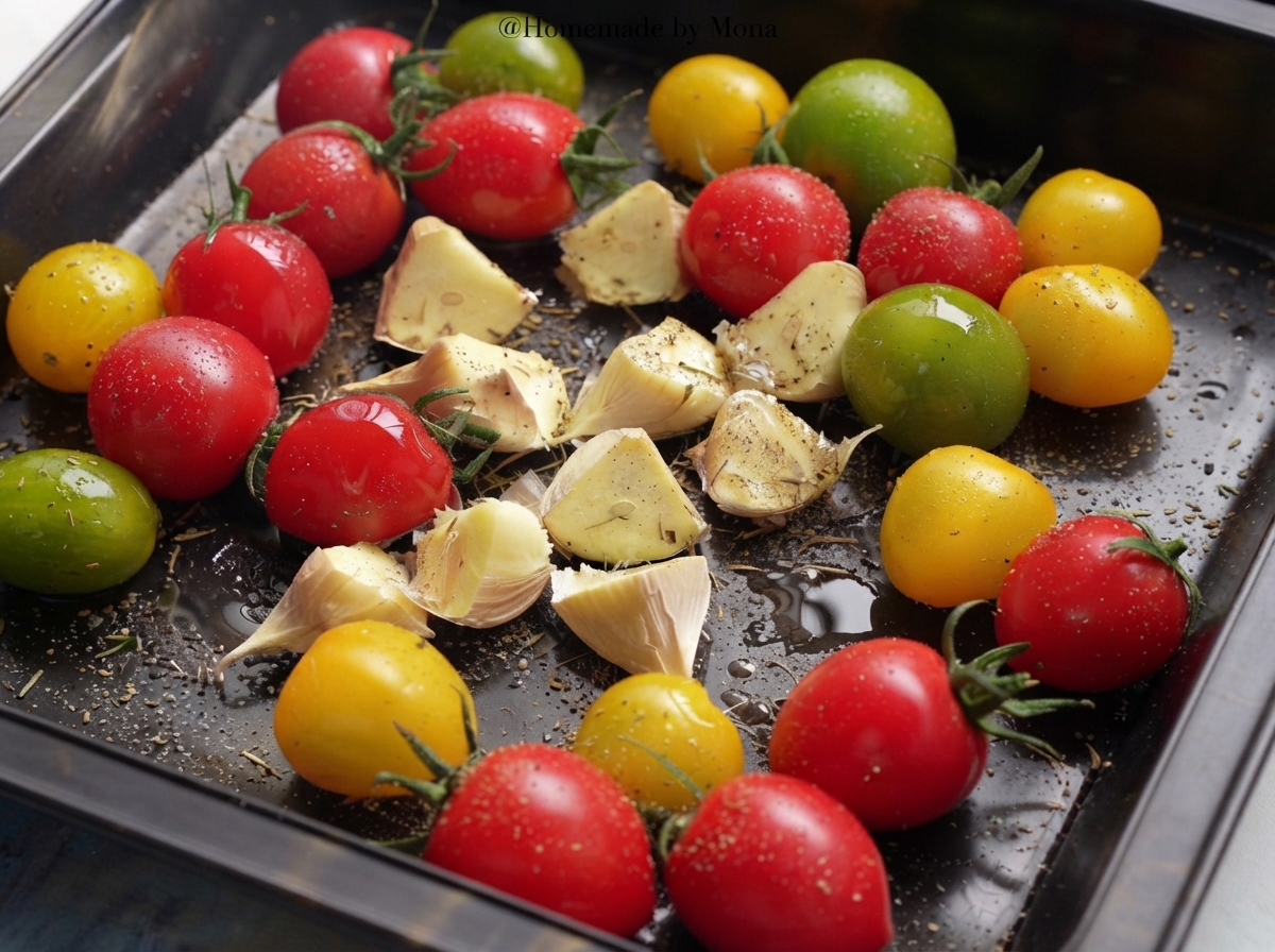 A baking tray with seasoned tomatoes and garlic positioned inside a hot oven.