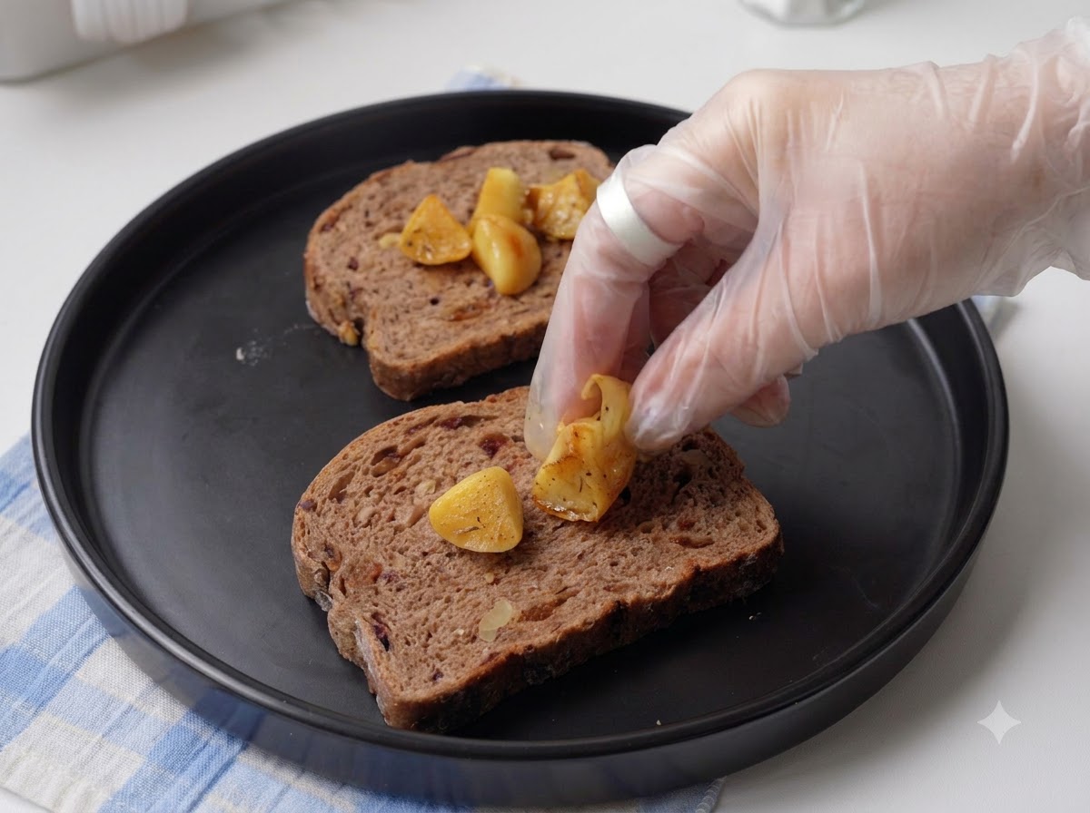 A gloved hand placing soft roasted garlic cloves onto a slice of rustic bread.