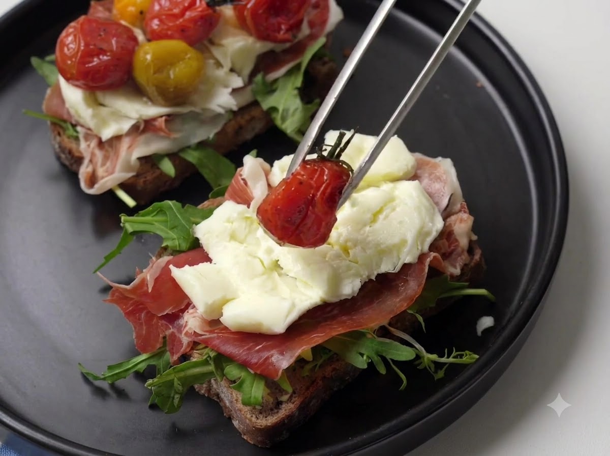 Kitchen tongs placing a warm roasted cherry tomato onto the assembled sandwich.