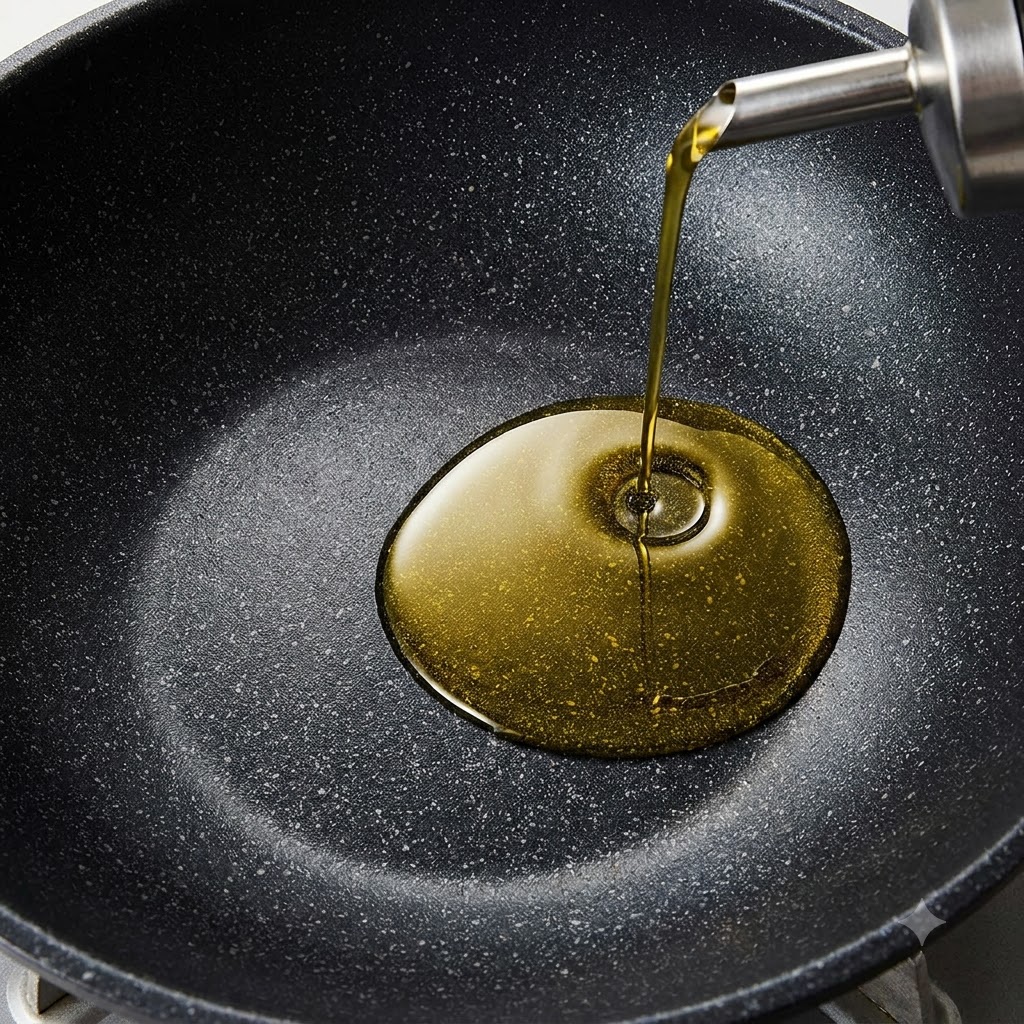 Cooking oil being poured into a heated black wok on a stove burner.