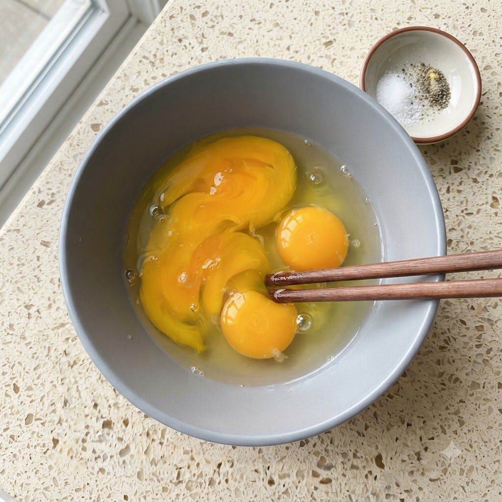 Two raw eggs being whisked with wooden chopsticks inside a grey ceramic bowl.