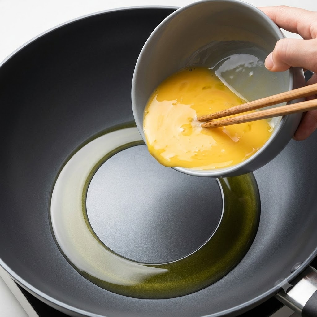 Beaten egg mixture being poured from a grey bowl into a hot oiled wok.