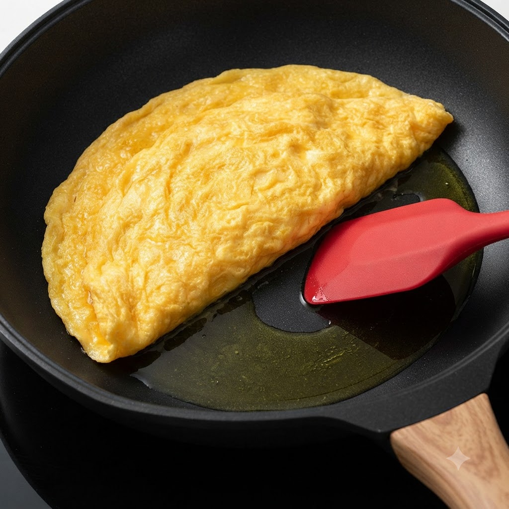 Cooked eggs being moved around in a wok with a red silicone spatula.