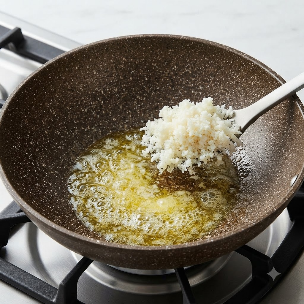 Cooked white rice being added with a spatula into melted butter in a pan.