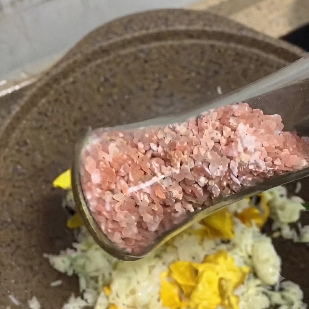 A glass grinder sprinkling pink salt flakes and black pepper onto fried rice in a pan.