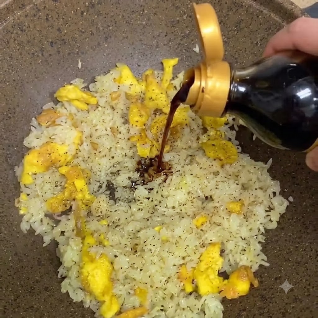 Dark special sauce being poured from a squeeze bottle into the center of fried rice in a pan.