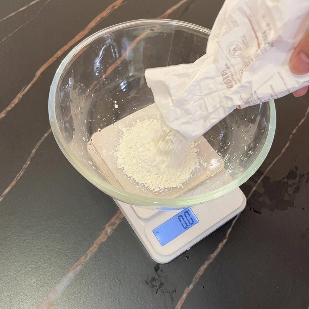 A digital scale supporting a glass bowl filled with flour as a bag pours more flour in.