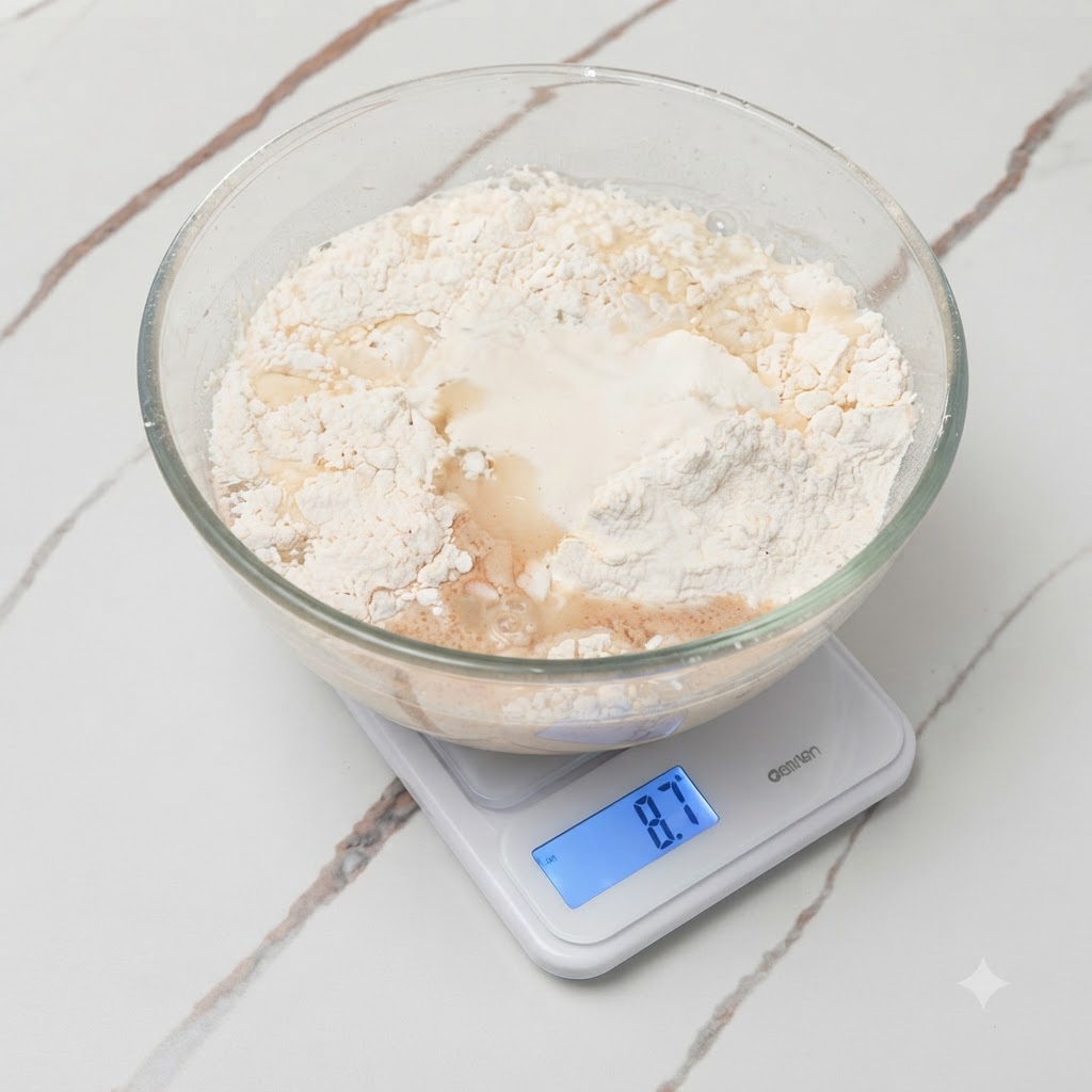 A glass bowl containing flour, water, and other ingredients partially mixed together on a scale.