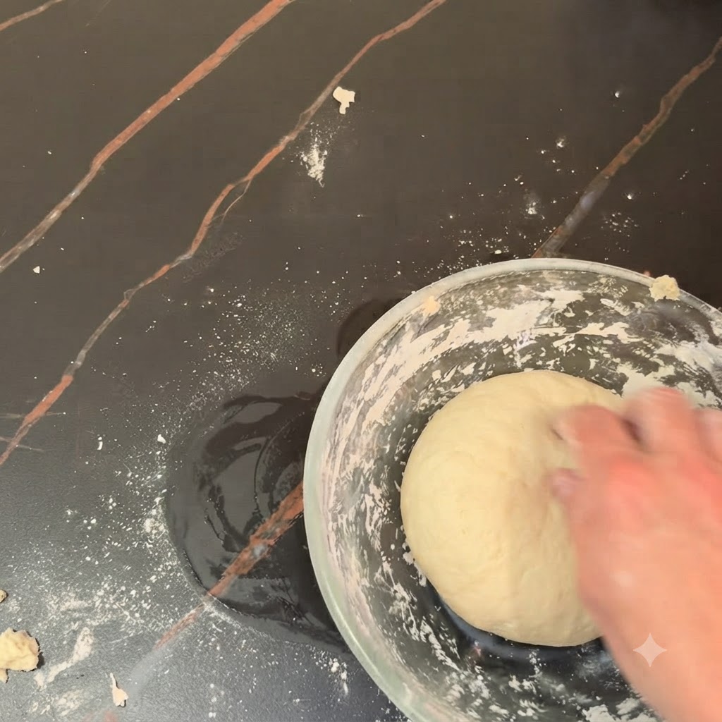 A hand kneading a smooth ball of pizza dough inside a glass bowl on a dark countertop.