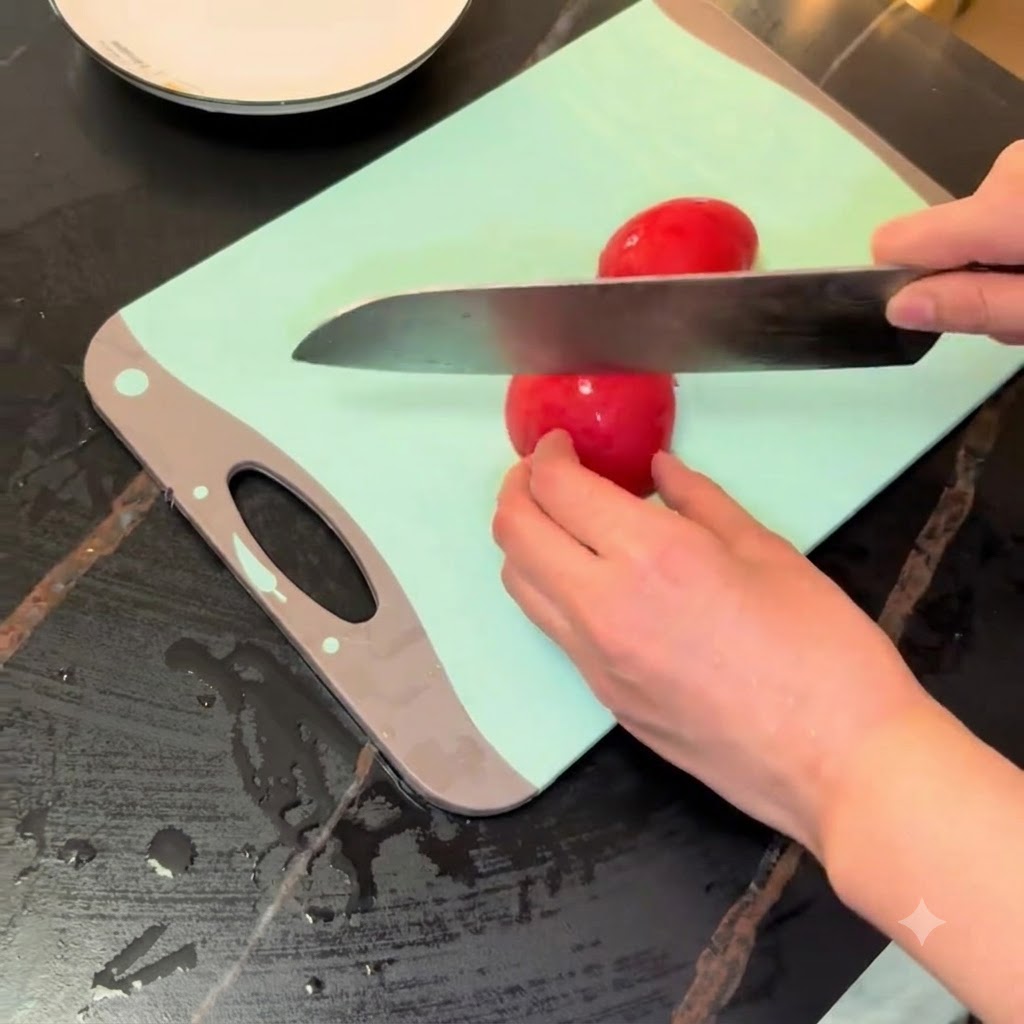 A chefs knife slicing a red tomato on a light green cutting board next to a white plate.