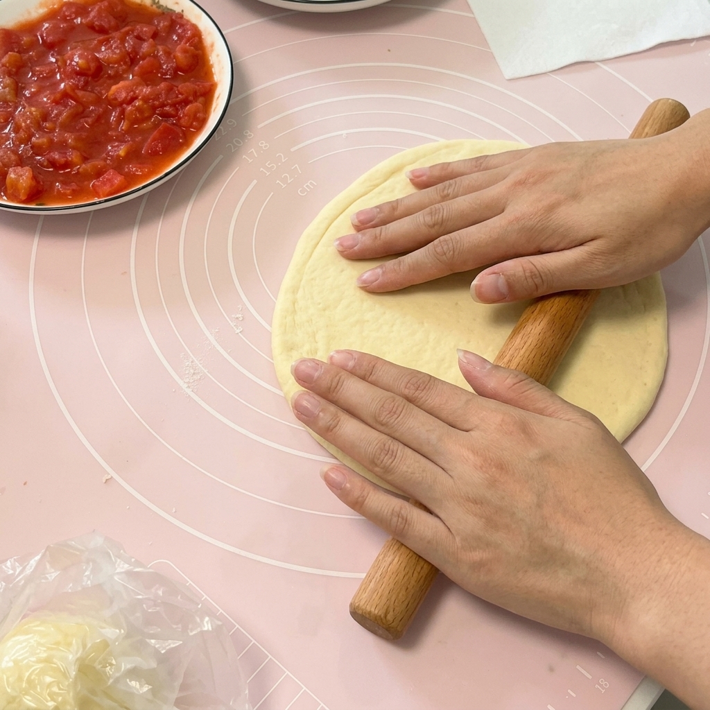 Two hands using a wooden rolling pin to flatten pizza dough into a thin circular sheet on a pink silicone mat.