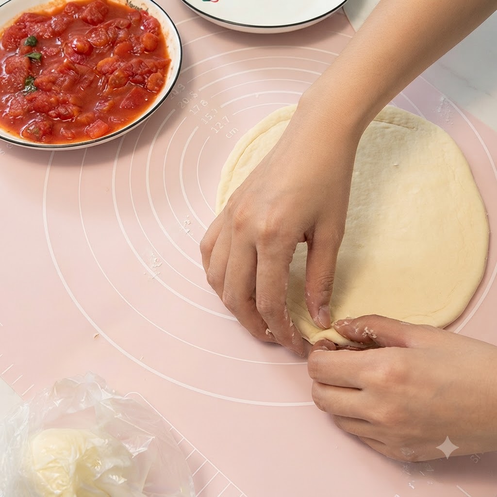 Hands folding the edge of a rolled-out circle of dough inward to form a raised pizza crust on a pink silicone mat.