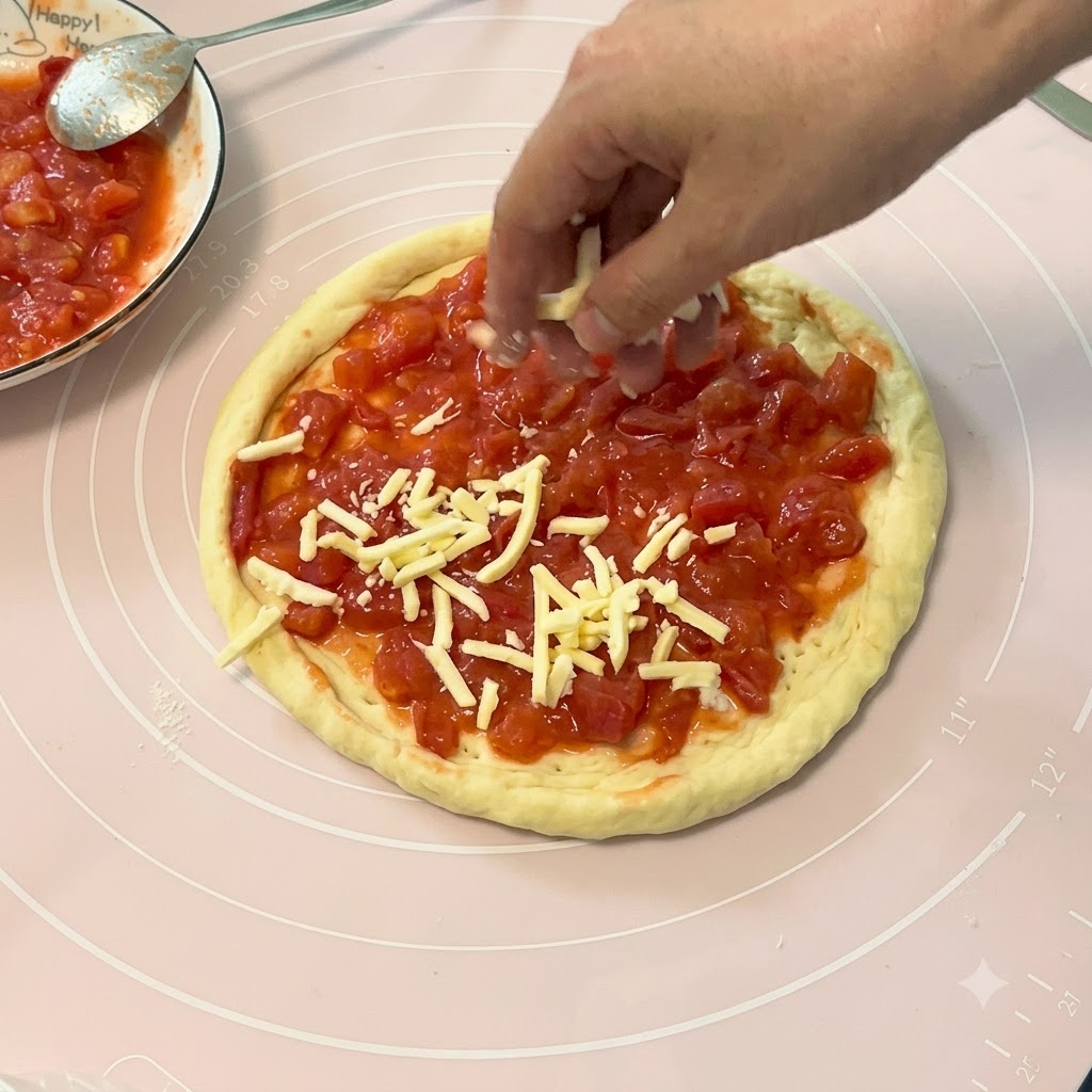 A hand sprinkling shredded cheese over a layer of cooked diced tomatoes spread on a raw pizza dough base.