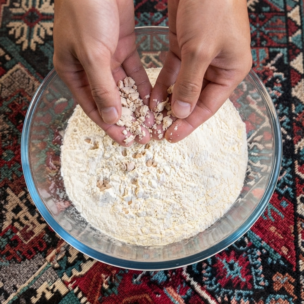 Hands holding and dropping crumbled fresh yeast into a clear glass bowl filled with white flour.