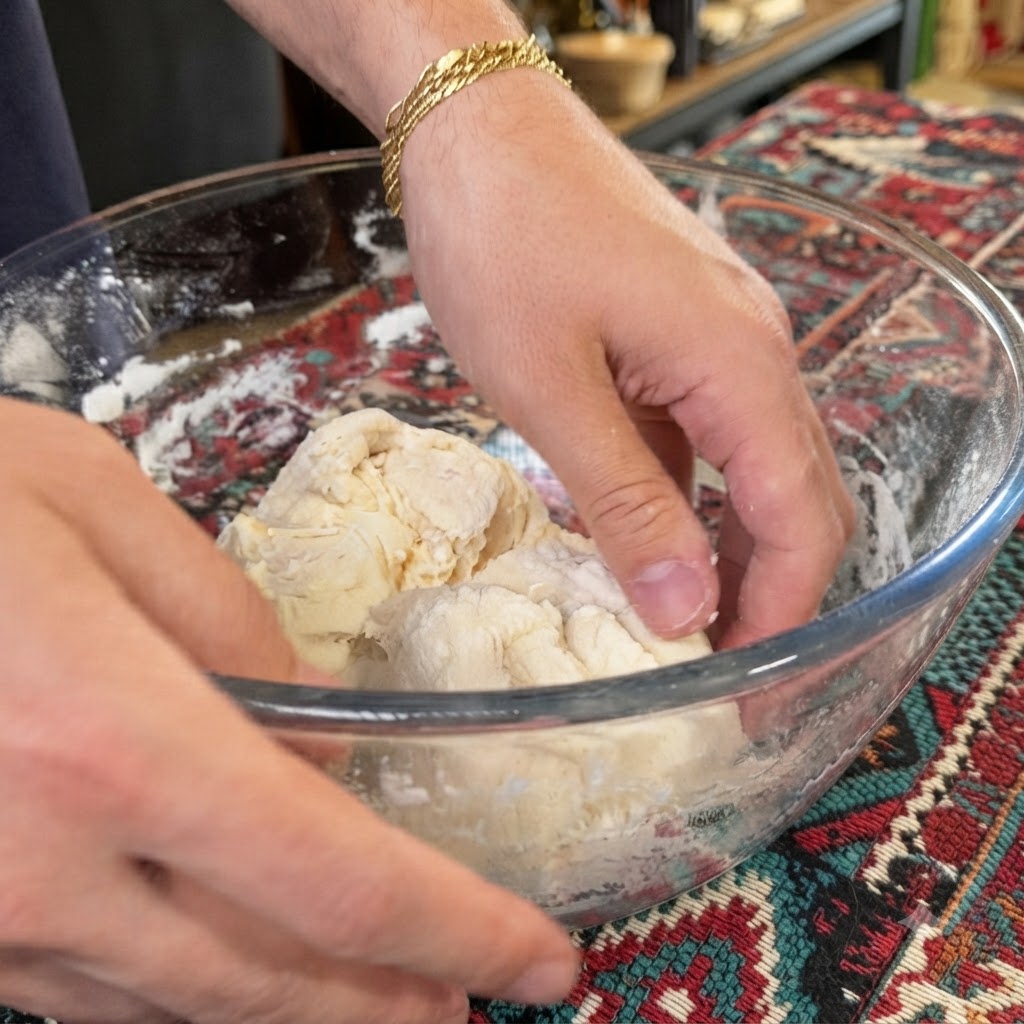 Hands working and pressing salt into the dough mixture inside a clear glass bowl.