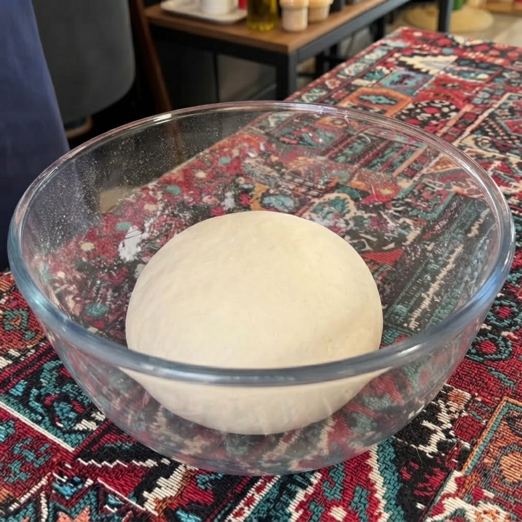 A smooth round dough ball resting inside a glass bowl after being coated with olive oil.