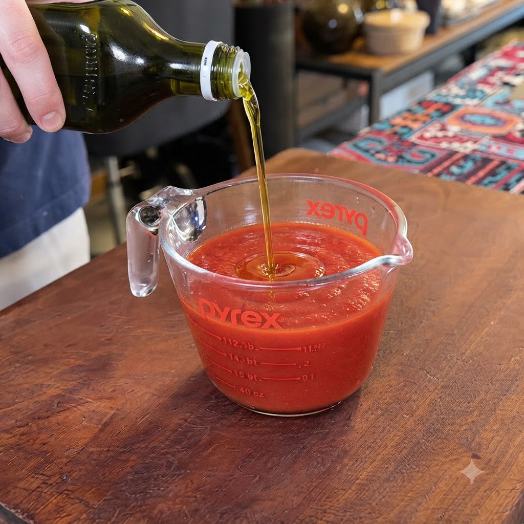 Olive oil being poured from a glass bottle into a clear measuring cup filled with red tomato sauce.