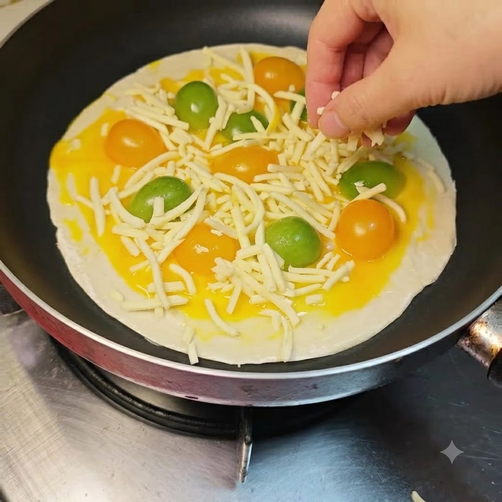 Shredded mozzarella cheese being sprinkled by hand over the tomatoes and egg layer.