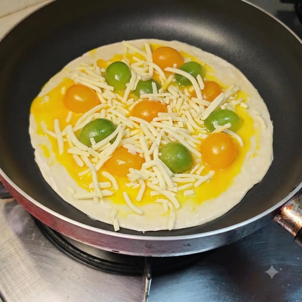 Ketchup being squeezed in a zigzag pattern across the cheesy pancake base in the pan.