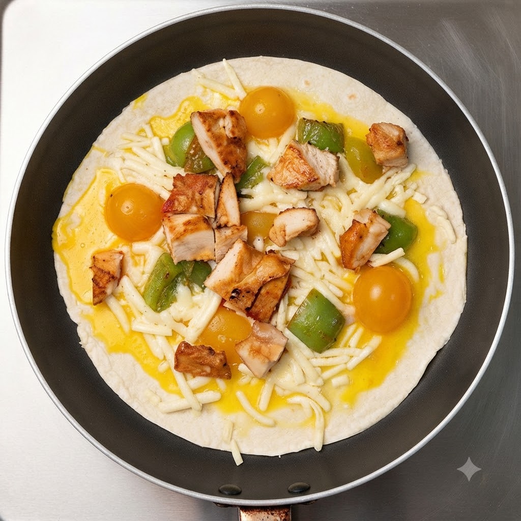 Cooked chicken breast chunks being arranged over the ingredients in the pan.