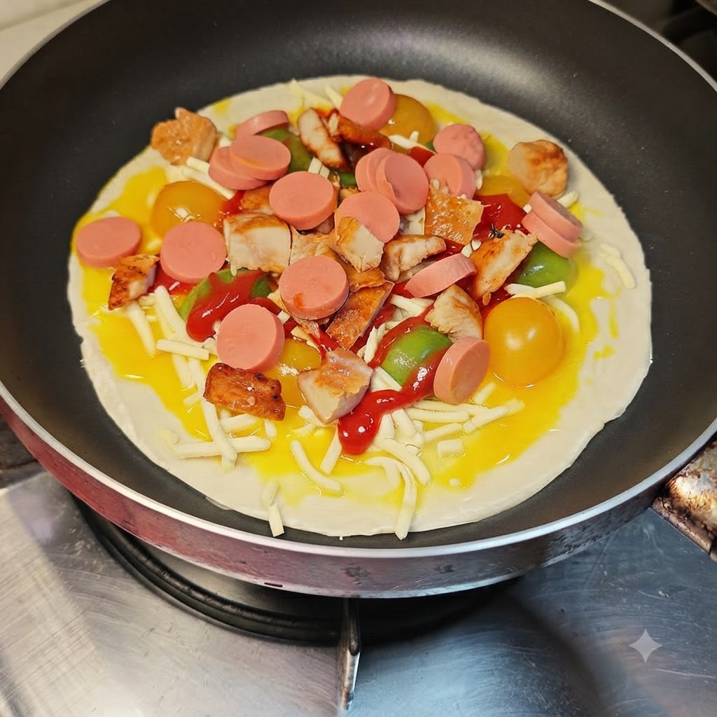 Round slices of ham sausage being laid out evenly over the toppings in the pan.