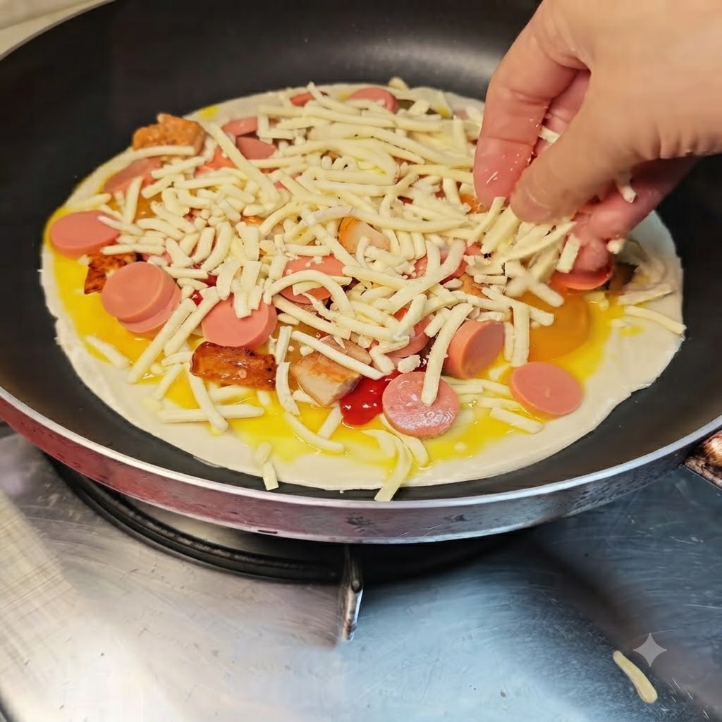 A hand scattering a generous handful of shredded cheese over the pizza toppings.