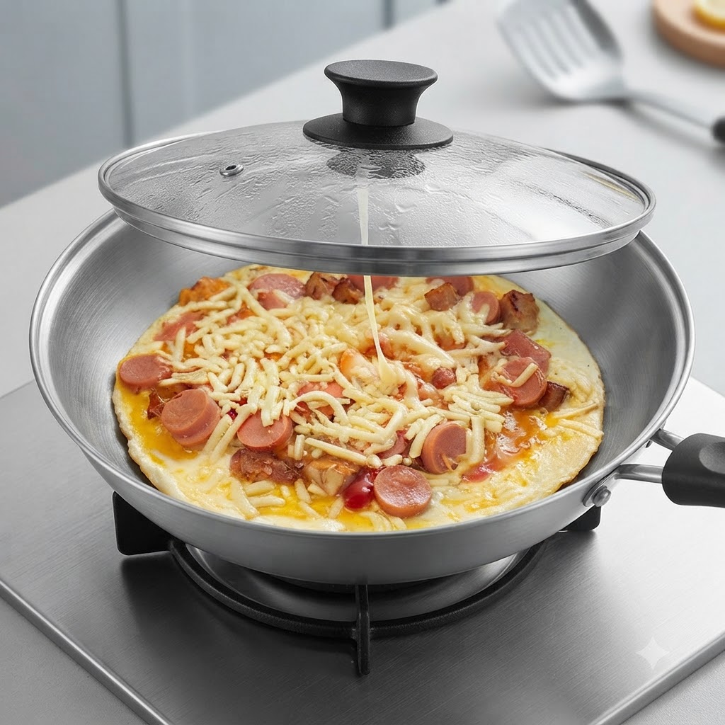 A pan covered with a transparent glass lid sitting on a stovetop burner.