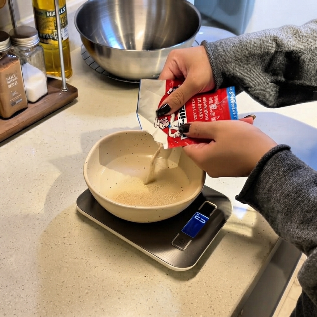 Dry yeast being poured from a red packet into a small ceramic bowl on a digital scale filled with water.