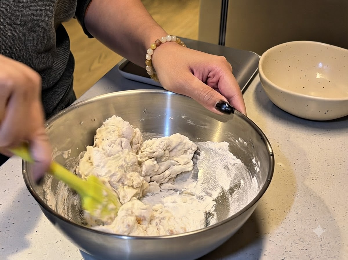 A person using a yellow spatula to scrape and mix dough ingredients together in a steel mixing bowl.